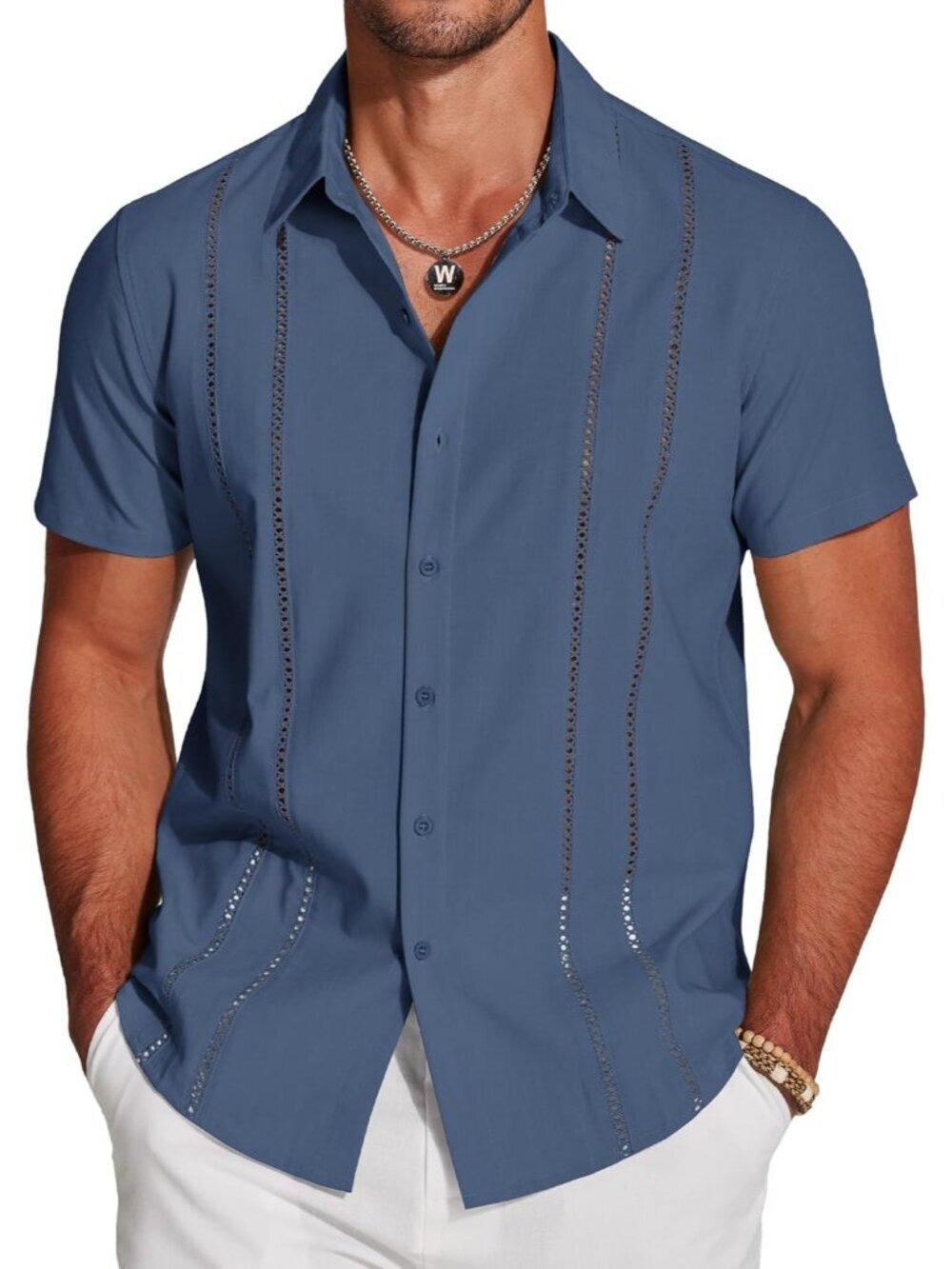 Men's Blue Cuban Guayabera Shirt Short Sleeve Button Down Linen Casual Summer